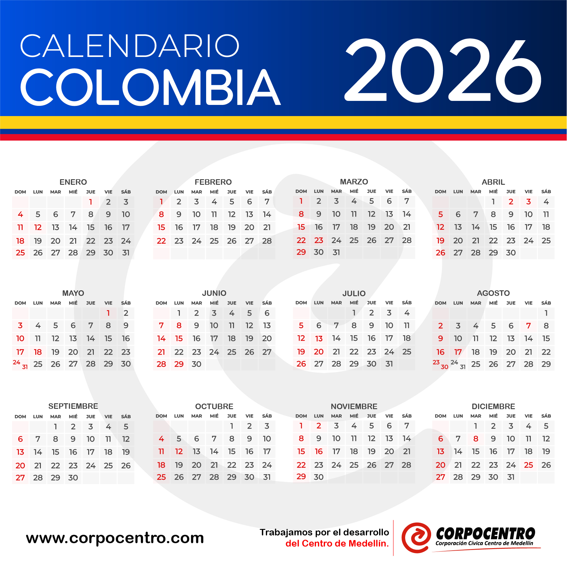 Calendario 2026 Colombia con días festivos