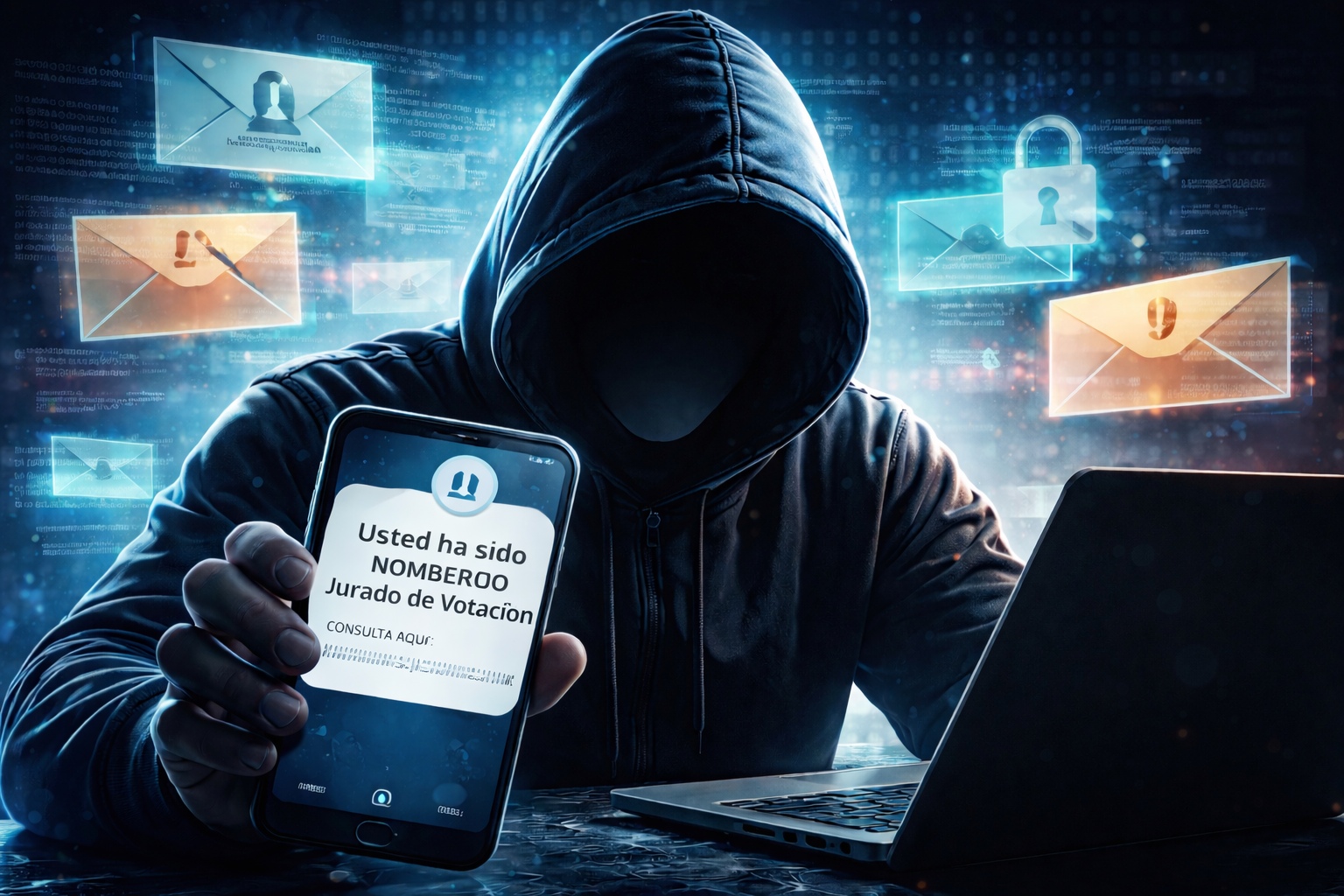 Cibercriminal frente a mensaje fraudulento