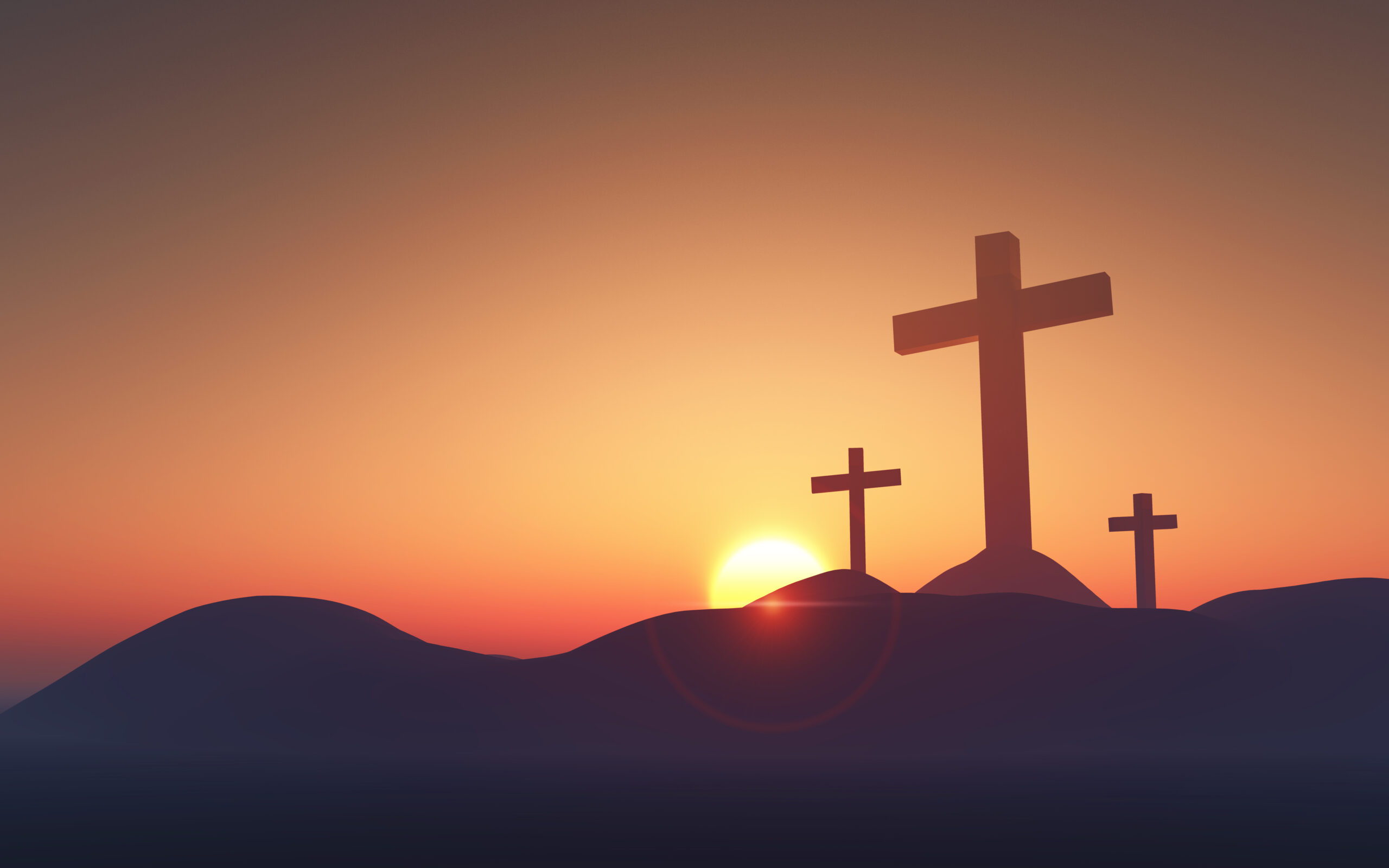 3D Good Friday landscape with crosses against a sunset sky